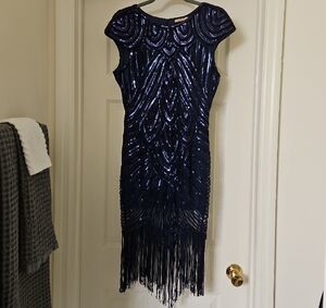 Blue Embellished Sheath Dress with Cap Sleeves for Cocktail